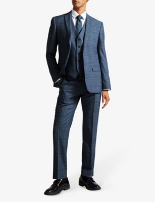 Shop Ted Baker Men's Mid-blue Adlersw Slim-fit Check Wool Waistcoat