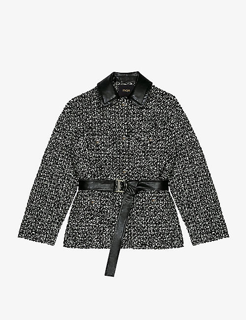 MAJE: Faux-leather collar straight-fit tweed coat