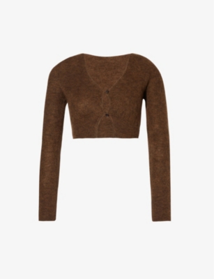 Jacquemus Le Cardigan Alzou Cropped Mohair Wool-blend Knitted Cardigan In Dark Brown