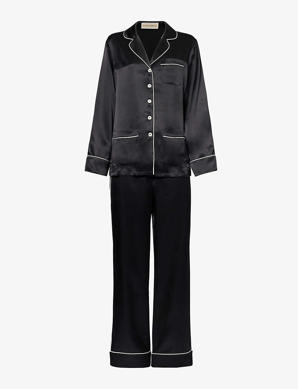 Shop Olivia Von Halle Coco Contrast-piping Silk Pyjama In Jet Black Ivory Core