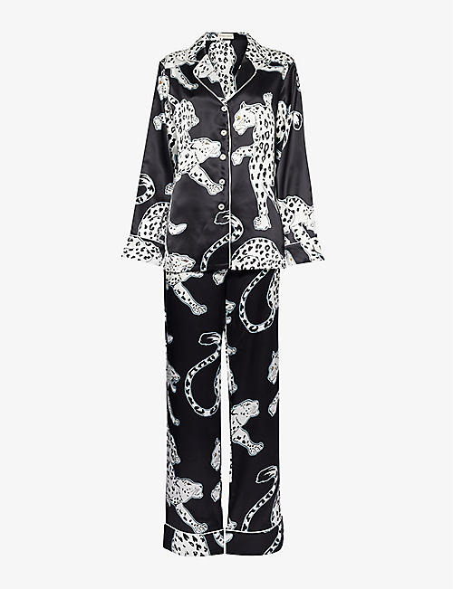 OLIVIA VON HALLE: Lila graphic-pattern silk pyjama set