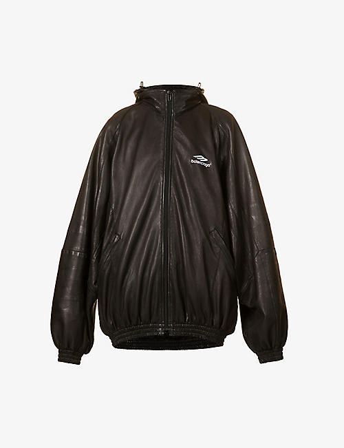 BALENCIAGA: Logo-embroidered relaxed-fit leather jacket