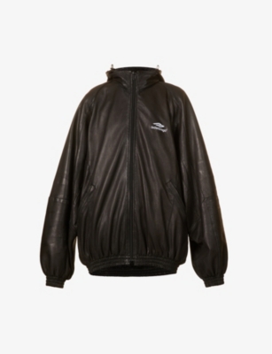 Balenciaga Logo-embroidered Relaxed-fit Leather Jacket In Black
