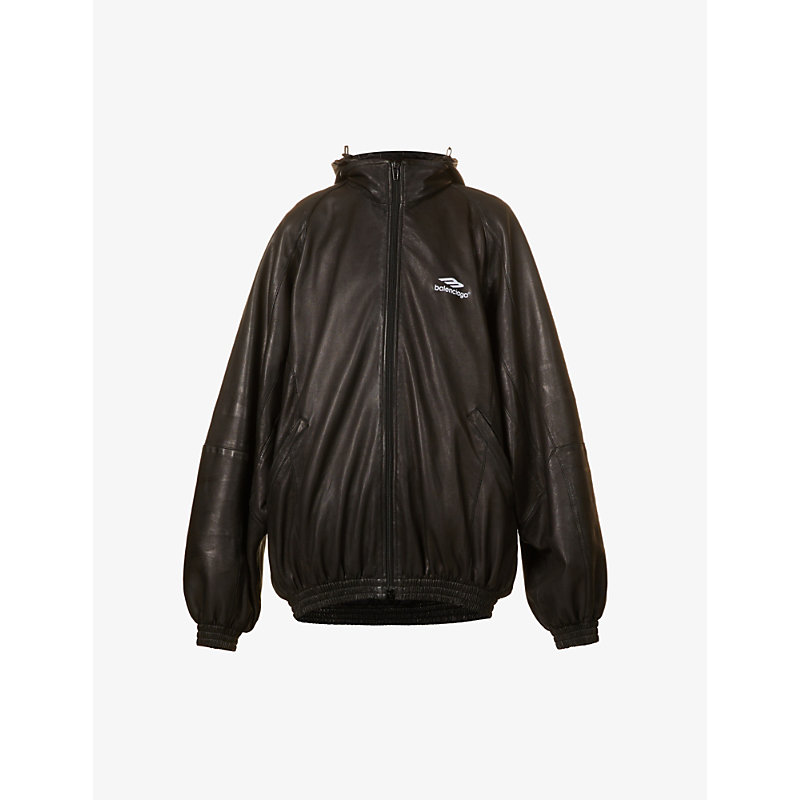 Balenciaga Logo-embroidered Relaxed-fit Leather Jacket In Black