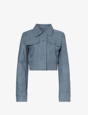 STAND STUDIO STAND STUDIO WOMENS WASHED INDIGO ELLEEN SPREAD-COLLAR CROPPED LEATHER JACKET