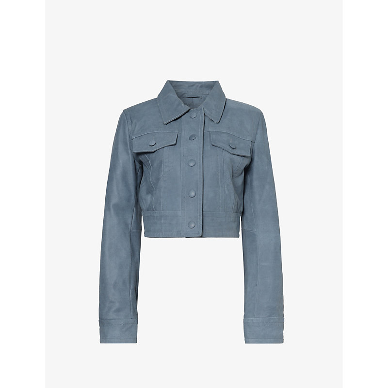 STAND STUDIO STAND STUDIO WOMENS WASHED INDIGO ELLEEN SPREAD-COLLAR CROPPED LEATHER JACKET
