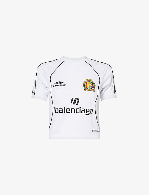 BALENCIAGA: Soccer brand-print slim-fit woven T-shirt