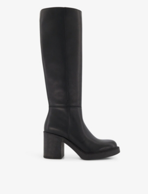 Dune Womens Black-leather Tinaz Leather Block-heel Knee-high Boots