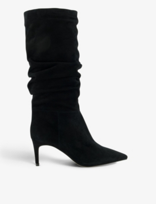 Dune Womens Black-suede Slouch Ruched Suede Calf-length Boots