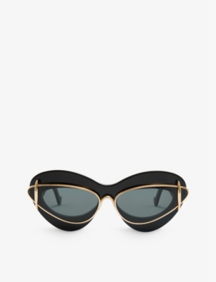 Shop Loewe Women's Shiny Black Double-frame Cat-eye Acetate And Metal Sunglasses