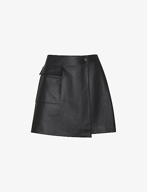 WHISTLES: High-rise wrap leather mini skirt