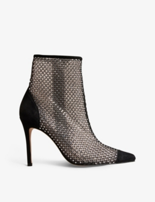 TED BAKER TED BAKER WOMENS BLACK CRYSTAL-EMBELLISHED WOVEN ANKLE BOOTS