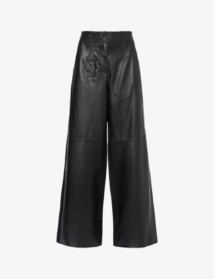 Me And Em Womens Black Mid-rise Wide-leg Leather Trousers