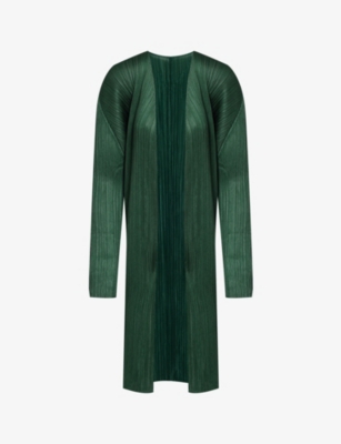 Issey Miyake Pleats Please  Womens Dark Green Basic Relaxed-fit Pleated Woven Cardigan
