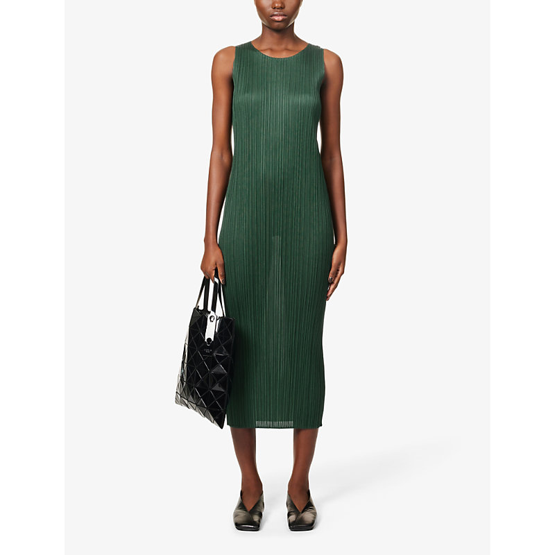 Shop Issey Miyake Pleats Please  Women's Dark Green Basic Pleated Woven Midi Dress