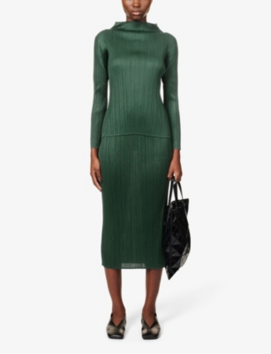 Shop Issey Miyake Pleats Please  Women's Dark Green Colourful High-neck Knitted Top