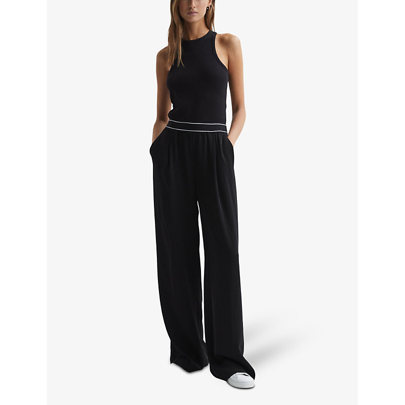 Shop Reiss Women's Black Abigail Striped-waistband Wide-leg Woven Trousers