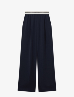 Reiss Womens Navy Abigail Striped-waistband Wide-leg Woven Trousers