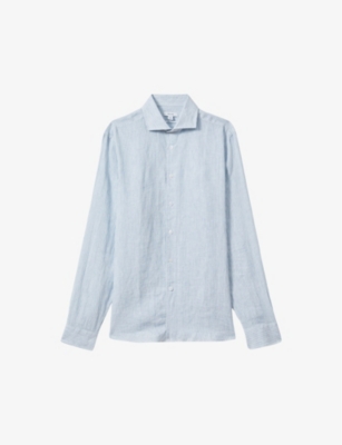 Shop Reiss Men's Soft Blue Fine Ruban Marled-texture Linen Shirt