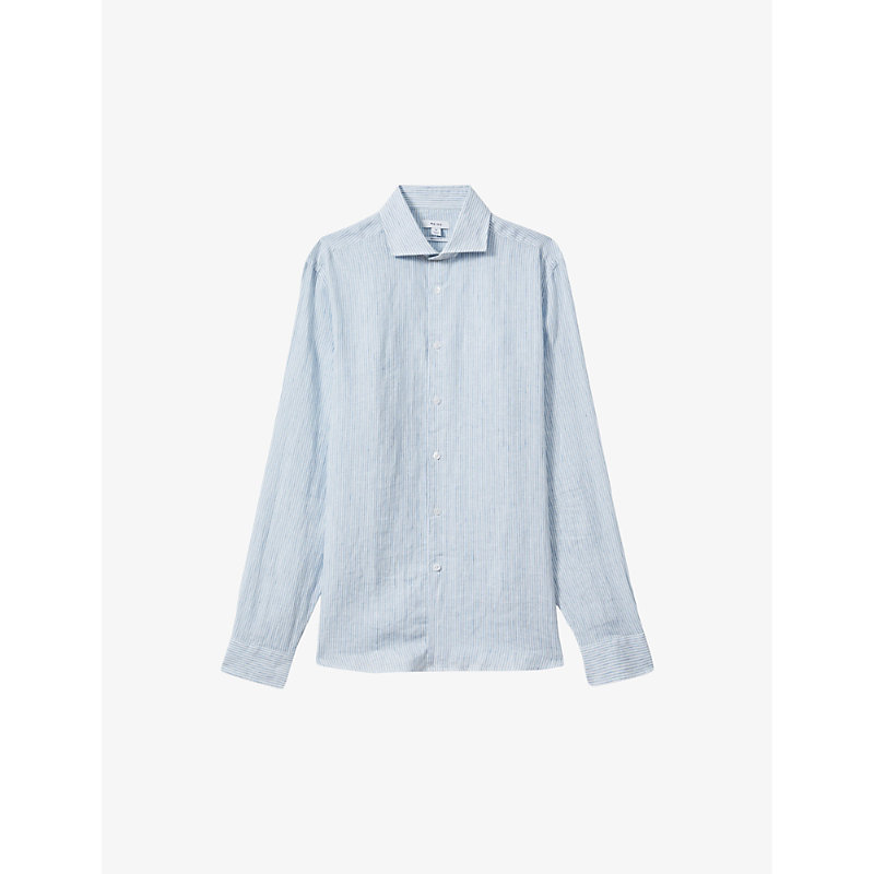 Shop Reiss Mens Soft Blue Fine Ruban Marled-texture Linen Shirt