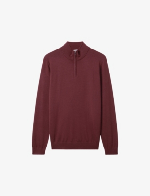 Reiss Blackhall - Brick Red Merino Wool Half-zip Funnel Neck Jumper, Xxl