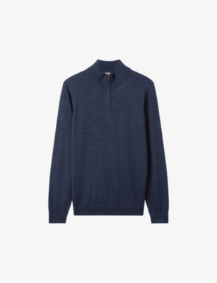 Reiss Blackhall - Indigo Melange Merino Wool Half-zip Funnel Neck Jumper, Xs In Indigo Melange