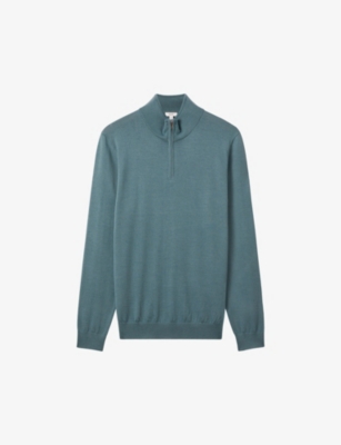 Reiss Blackhall - Ocean Green Merino Wool Half-zip Funnel Neck Jumper, Xs