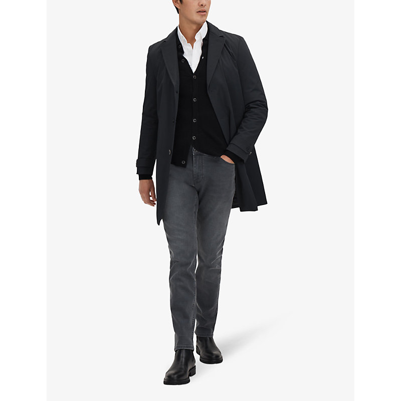 Shop Reiss Men's Navy Capital Notched-lapel Stretch-woven Coat