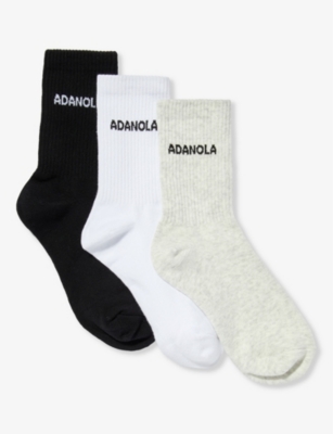Adanola Logo-intarsia Ribbed Pack Of Three Organic-cotton-blend Socks In White/black/lght Gry Mel