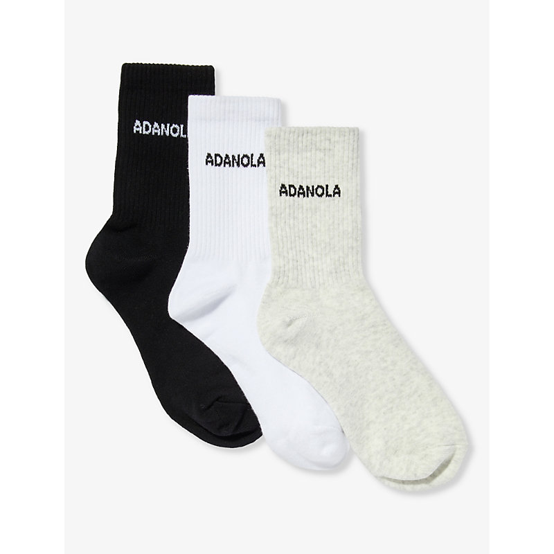 Adanola Logo-intarsia Ribbed Pack Of Three Organic-cotton-blend Socks In White/black/lght Gry Mel