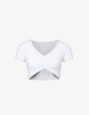 Adanola Womens White Ultimate Ruched-front Stretch-woven Top