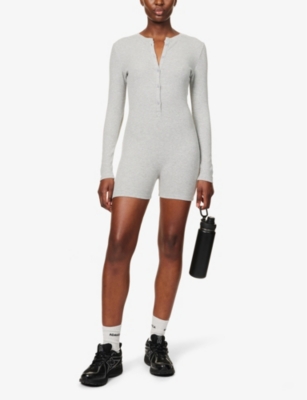Shop Adanola Women's Grey Melange Slim-fit Ribbed Stretch-jersey Playsuit
