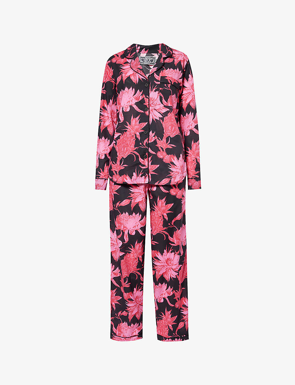 Desmond And Dempsey Floral-print Button-front Cotton Pyjama Set In Black/pink