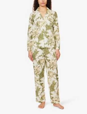Shop Desmond And Dempsey Women's Cream/green Floral-print Button-front Cotton Pyjama Set
