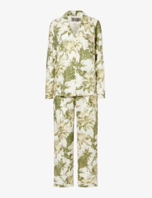 Desmond And Dempsey Floral-print Button-front Cotton Pyjama In Cream/green