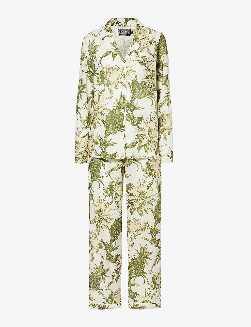 Desmond And Dempsey Floral-print Button-front Cotton Pyjama In Cream/green