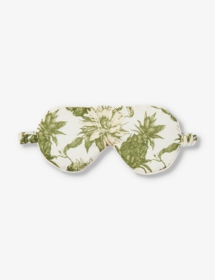 Desmond And Dempsey Night Bloom Graphic-print Cotton Eye Mask In Cream/green