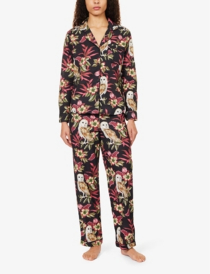 Shop Desmond And Dempsey Women's Pink Owl-print Contrast-piping Cotton Pyjamas