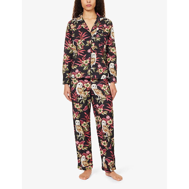 Shop Desmond And Dempsey Women's Pink Owl-print Contrast-piping Cotton Pyjamas