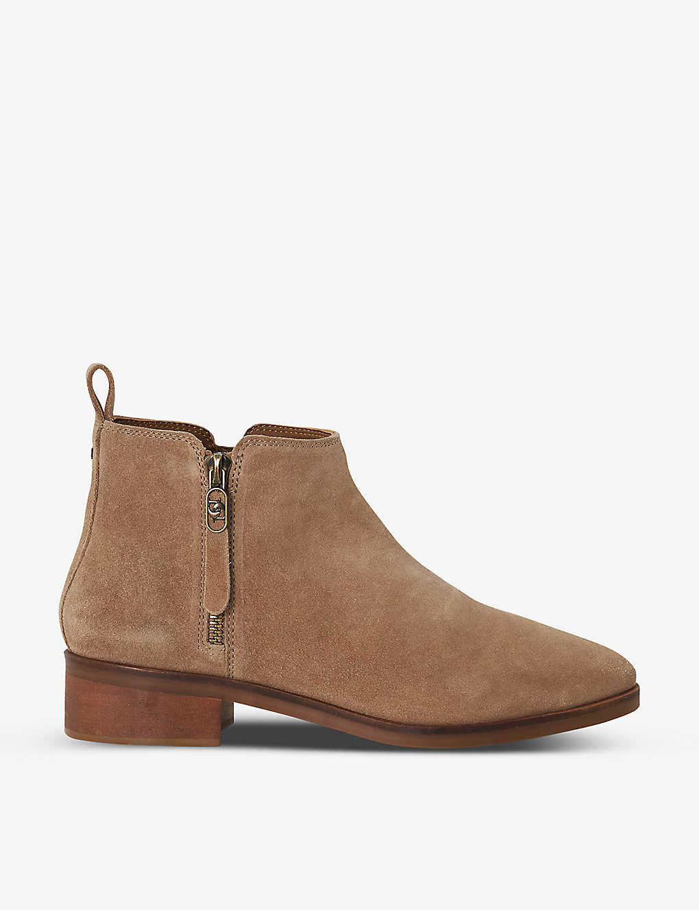 Dune Womens Taupe-suede Progress Logo-embellished Suede Heeled Ankle Boots