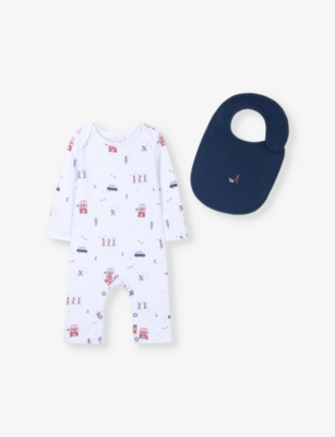 THE LITTLE WHITE COMPANY: London-print organic-cotton romper and bib set 0-24 months