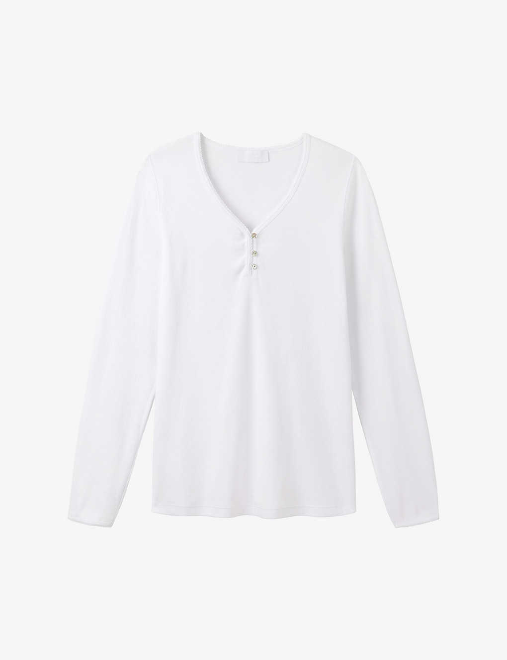 The White Company Womens White Ribbed-texture Piped-trim Stretch Cotton-blend Pyjama Top