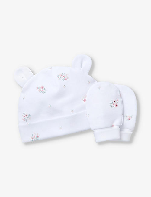 THE LITTLE WHITE COMPANY: Hattie organic-cotton hat and mittens set 0-12 months