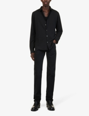 Shop Ikks Men's Noir Stripe-pattern Curved-hem Regular-fit Stretch-cotton Blend Shirt In Black