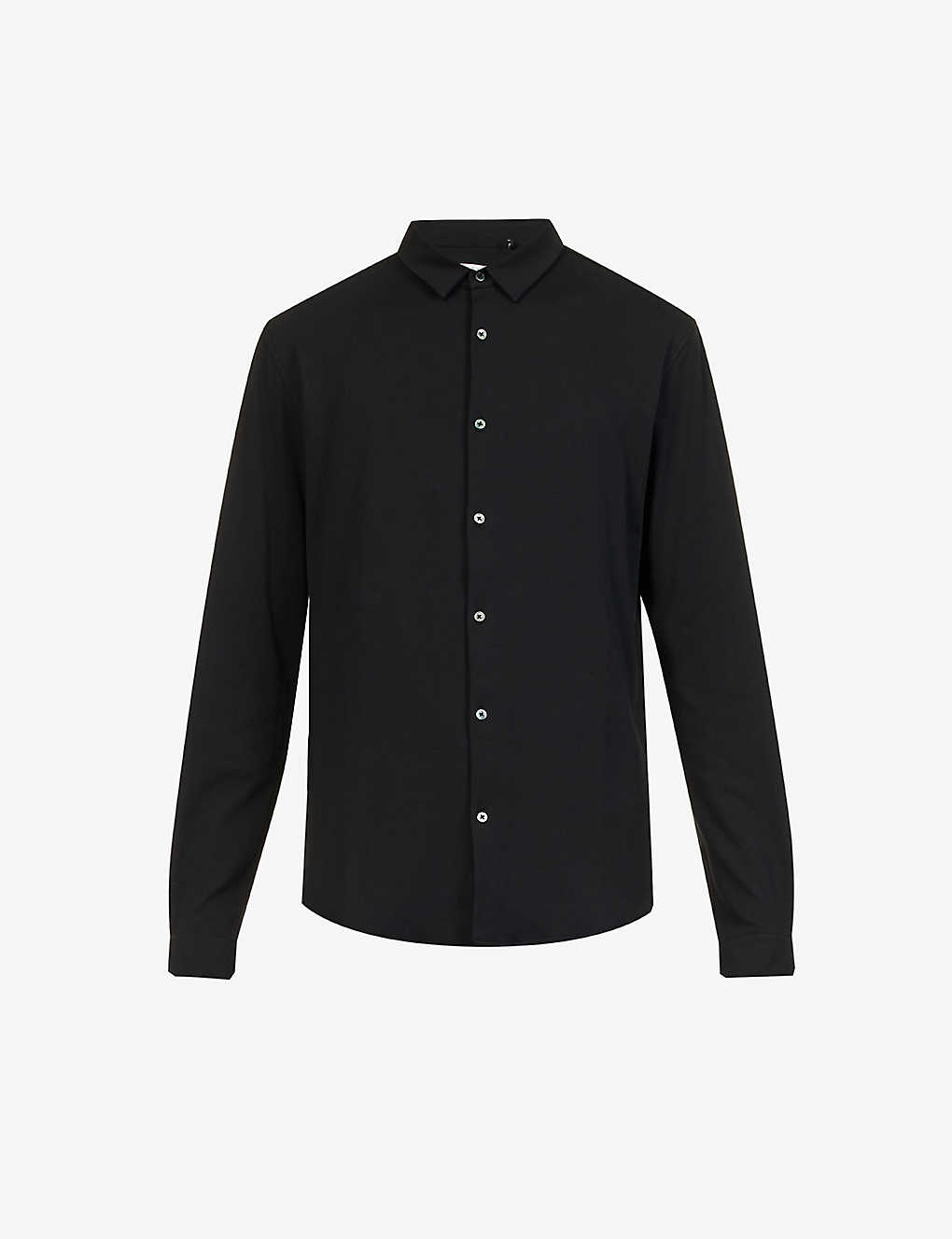 Ikks Mens Noir Stripe-pattern Curved-hem Regular-fit Stretch-cotton Blend Shirt In Black