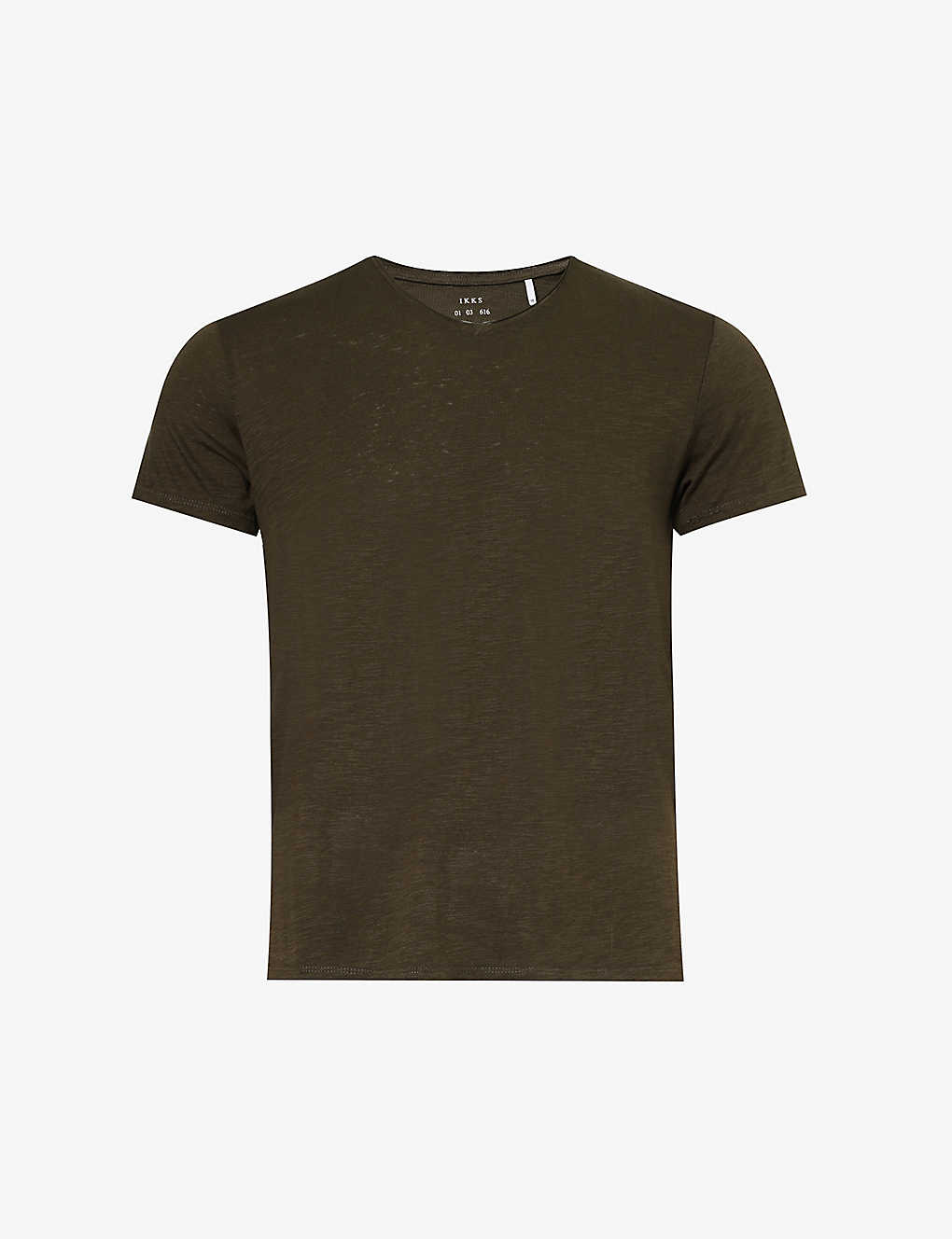 Ikks Mens Dark Khaki Crewneck Brand-print Cotton-jersey T-shirt