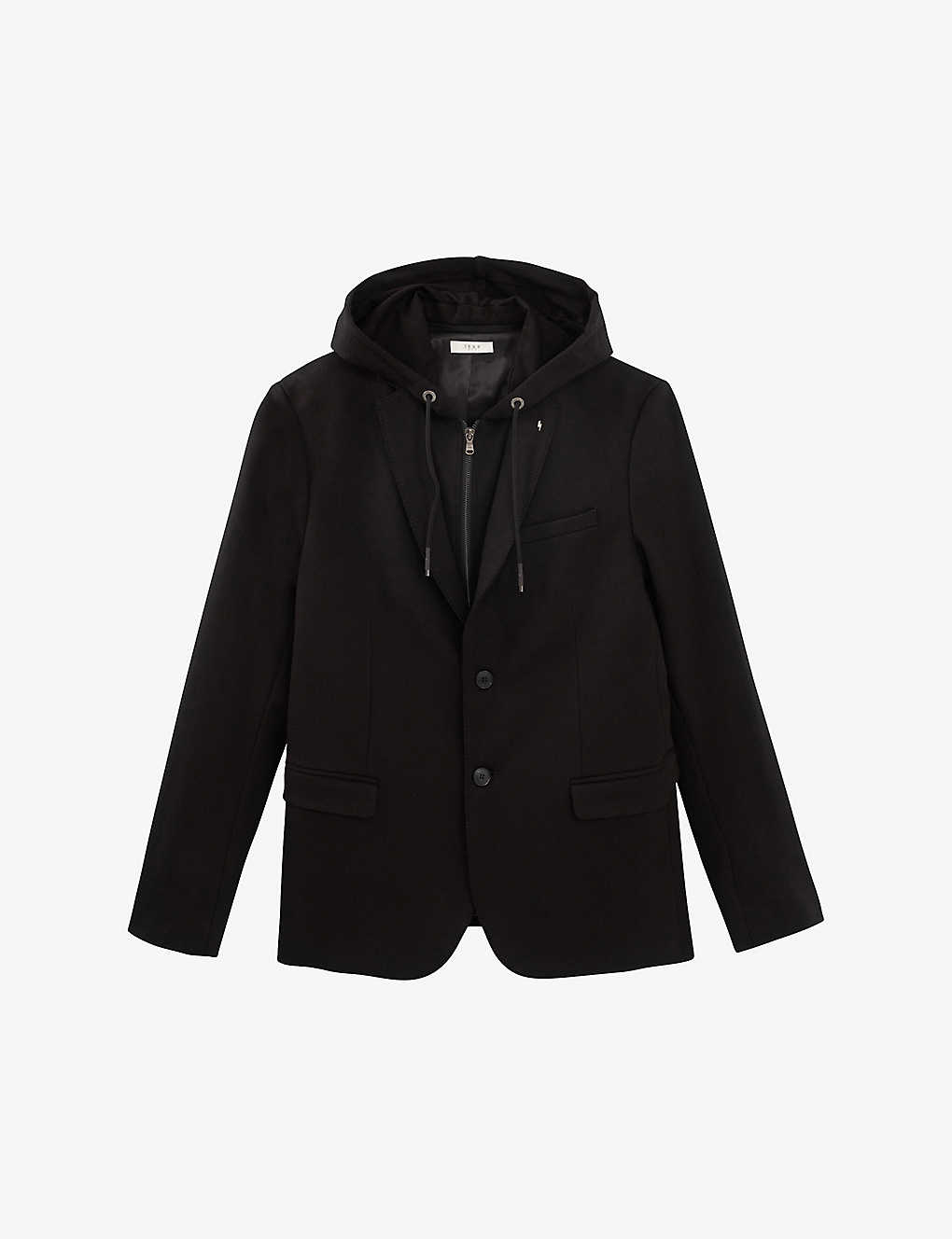 Ikks Mens Noir Interlock Regular-fit Hooded Stretch-woven Suit Jacket