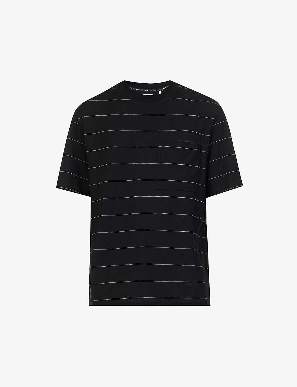 Ikks Mens Noir Stripe-pattern Crewneck Cotton-blend T-shirt
