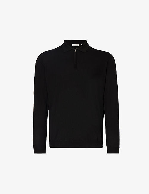 IKKS: Fine-knit brand-plaque regular-fit woven-blend polo shirt