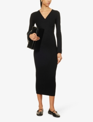 Shop Pretty Lavish Women's Black Jacklin V-neck Knitted Midi Dress